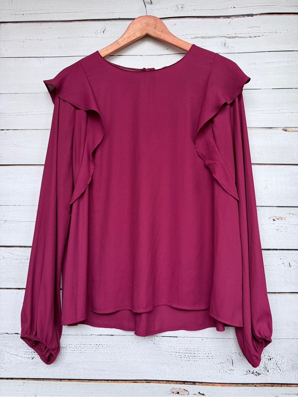Lush Plum Long-Sleeve Blouse with Ruffle Shoulder Detail - Picture 1 of 4